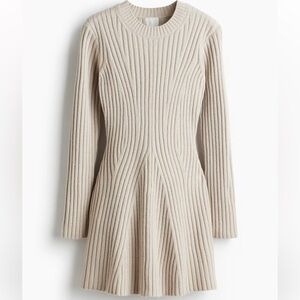 H&M Cream Long Sleeve Ribbed Dress